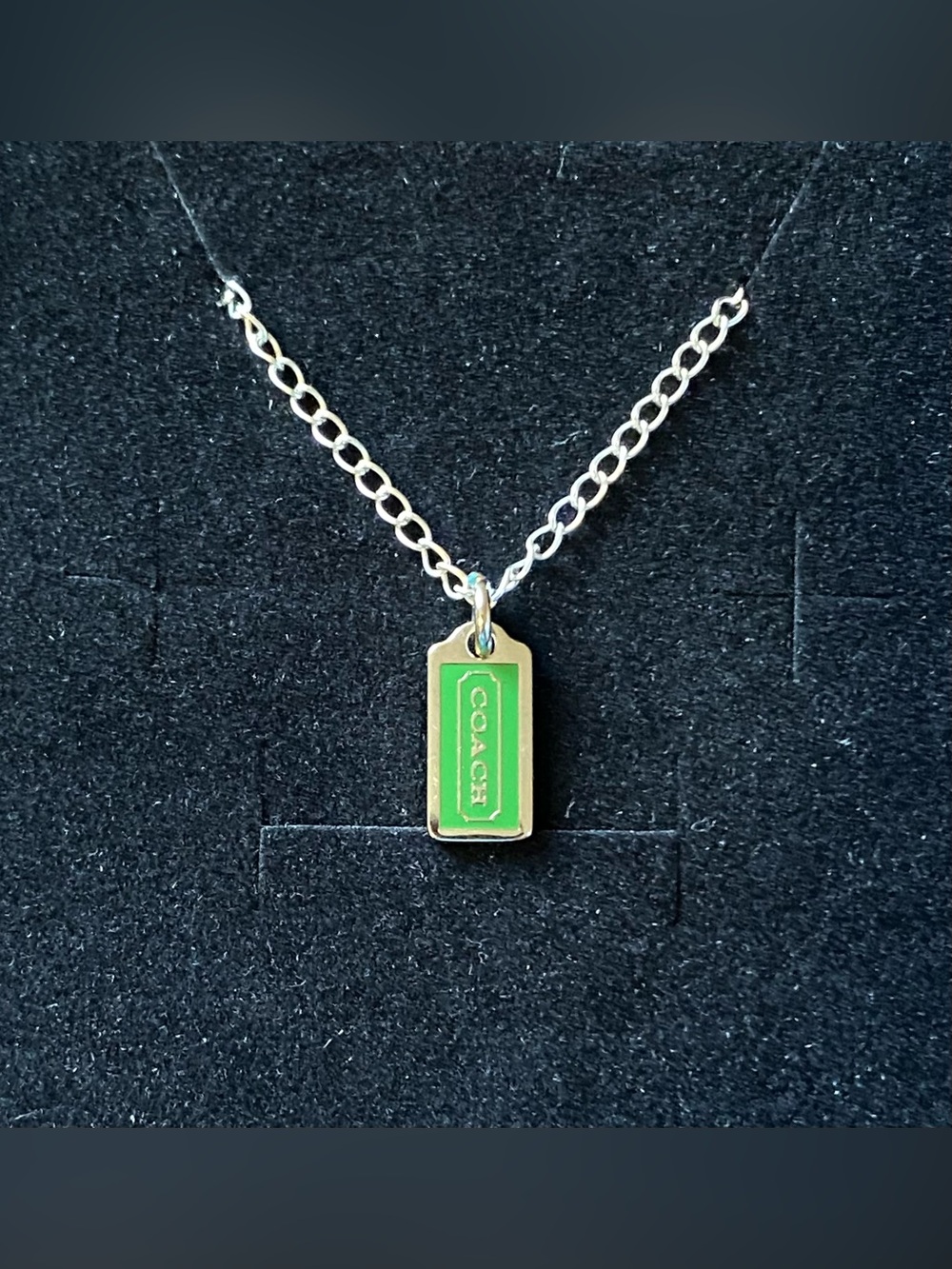COACH Green Enamel Hang Tag Pendant .925 Sterling Silver Necklace
